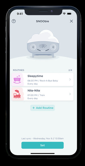 Sleepytime and Nite-Nite routines set on SNOObie in the Happiest Baby App