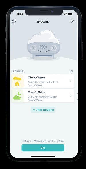 OK-to-Wake and Rise & Shine routines set on SNOObie in the Happiest Baby App