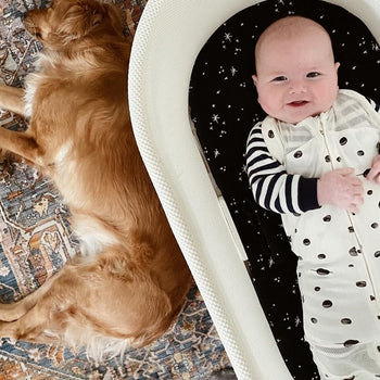 Happy baby with arms out in Ivory Planets with Black Wings SNOO Sack on Black Galaxy SNOO Sheet in SNOO next to sleeping dog