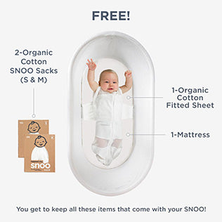 Your bonus 3 organic cotton SNOO Sacks (S, M & L), 1 organic cotton fitted sheet, 1 mattress